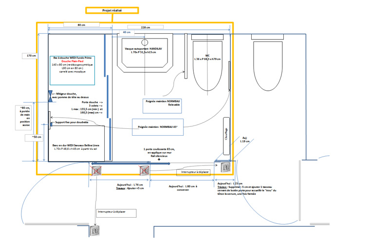 Plan de la nouvelle salle de bain pour personne a mobilité réduite, dessiné par les propriétaires